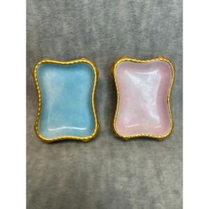 Pair of Mini Porcelain‎ Footed Trinket Dishes Pink Blue Gold Trim Jewelry Holder